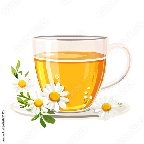2D flat vector illustration of Chamomile Tea, isolated on a white background.