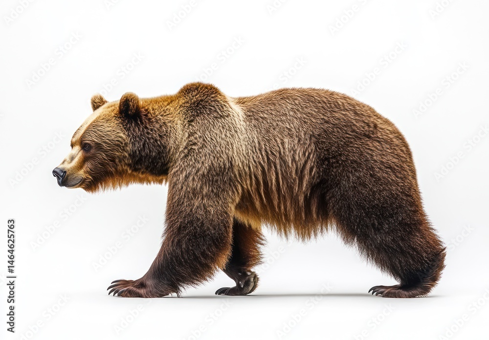 Fototapeta premium Majestic Brown Bear Walking Gracefully on White Background with Detailed Fur Texture and Strong Build