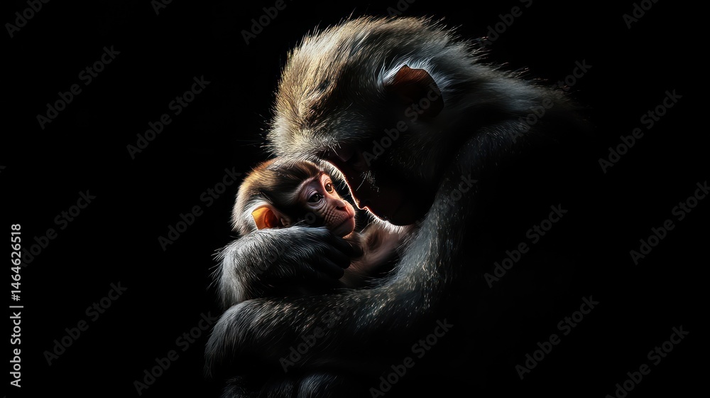 Obraz premium Monkey mother cradling baby, dark background, wildlife conservation