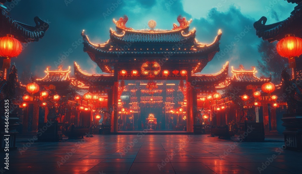 Obraz premium Stunning illuminated Asian temple at night with vibrant lanterns and dramatic cloudy sky, a mesmerizing cultural scene