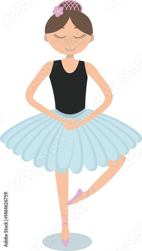 Cute ballerina dancing in blue tutu isolated on a white background.