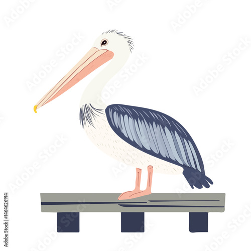 2D flat vector illustration of A Pelican Resting On A Wooden Pier, isolated on a white background.