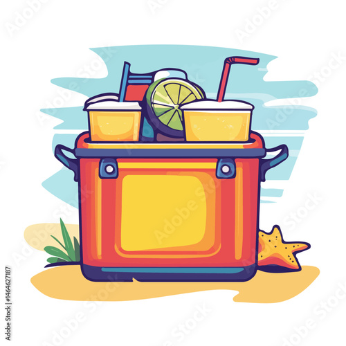 2D flat vector illustration of A Beachside Cooler Filled With Drinks, isolated on a white background.