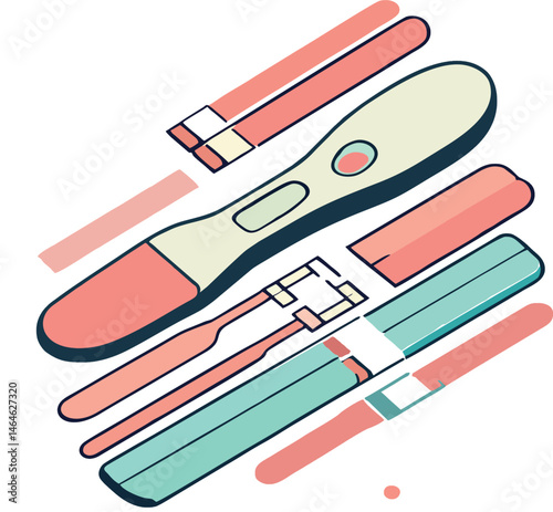 Stylized vector illustration showcasing a pregnancy test and its disassembled parts, depicted in pastel colors with bold outlines