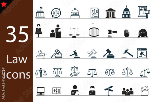 Law and justice set of web icons in linear style. Justice and law icons for web and mobile app. Legal documents. Law, judgement, prison, justice, court legal, lawyer, criminal. Vector illustration