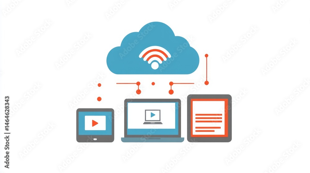 Abstract cloud icon hovering over connected devices, representing centralized cloud data access Abstract cloud icon hovering over connected devices, representing centralized cloud data access