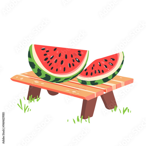2D flat vector illustration of A Freshly Sliced Watermelon On A Picnic Table, isolated on a white background.