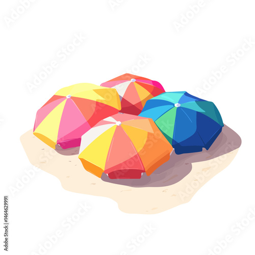 2D flat vector illustration of A Group Of Colorful Beach Umbrellas On The Shore, isolated on a white background.