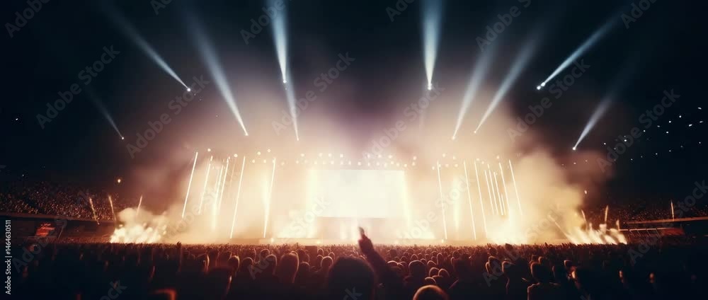 Full shot loop a concert stage illuminated with dynamic blue and orange lighting beams radiating from the center A large crowd fills the stands