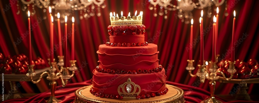 Obraz premium Garnet-Themed Three-Tier Birthday Cake with Crown and Red Draped Fondant 