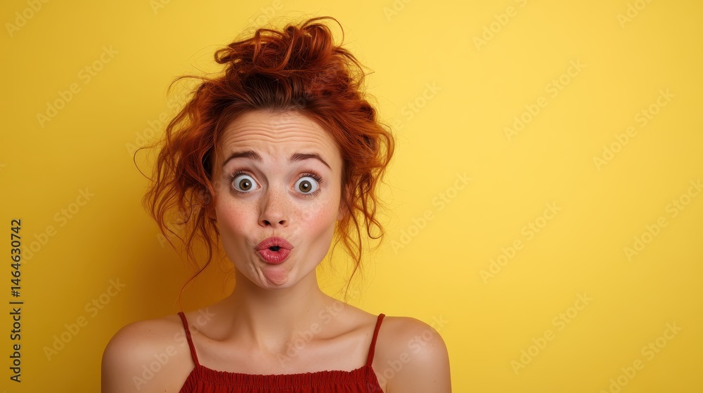 A surprised woman with expressive features and vibrant hair, set against a bright yellow background, radiating joy, enthusiasm, and a zest for life that captivates audiences. A surprised woman with expressive features and vibrant hair, set against a bright yellow background, radiating joy, enthusiasm, and a zest for life that captivates audiences.