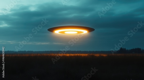 An intriguing UFO hovers silently above a field under dark clouds, igniting imagination and curiosity about extraterrestrial life and phenomena in the night sky.