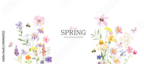 Abstract spring floral art background vector illustration. Watercolor hand painted botanical flower, leaves, eucalyptus, wildflower, stalk. Design for wallpaper, banner, card, print, wedding.