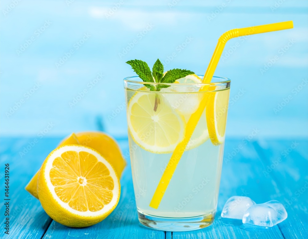 Fototapeta premium Refreshing drink with lemon and mint, yellow straw, on blue surface with ice and lemon slices.