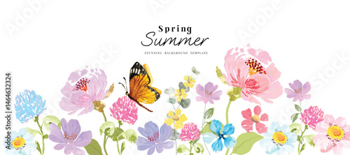 Abstract spring floral art background vector illustration. Watercolor hand painted botanical flower, leaves, eucalyptus, wildflower, stalk, butterfly. Design for wallpaper, banner, card, wedding.