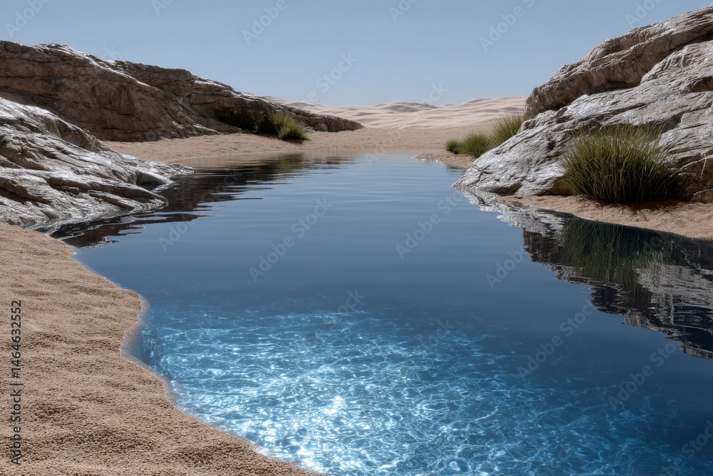 Obraz premium This image captures a serene desert oasis, featuring crystal clear water flowing through rocky canyons, surrounded by sand dunes and sparse green vegetation.