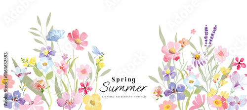 Abstract spring floral art background vector illustration. Watercolor hand painted botanical flower, leaves, eucalyptus, wildflower, stalk, dragonfly. Design for wallpaper, banner, card, wedding.