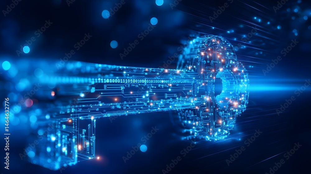 Obraz premium Binary key unlocking abstract digital lock representing cybersecurity and data protection in a virtual environment.