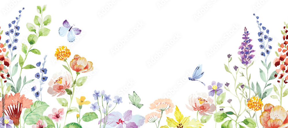 Abstract spring floral art background vector illustration. Watercolor hand painted botanical flower, eucalyptus, wildflower, stalk, butterfly, dragonfly. Design for wallpaper, banner, card, wedding.