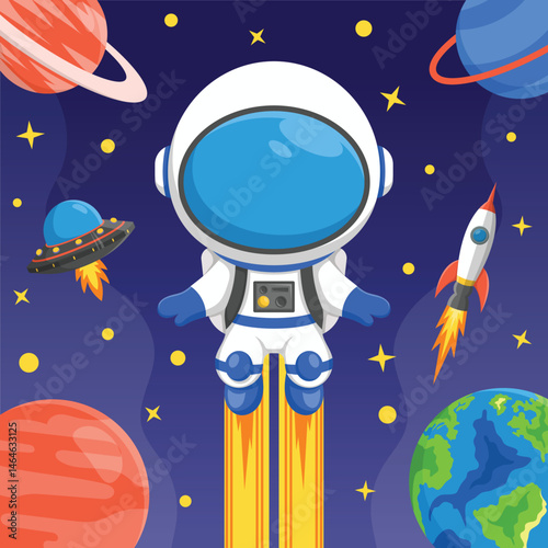 Cute Astronaut Floating In Space Cartoon Vector Icon Illustration. Technology Science Icon Concept Isolated Premium Vector. Flat Cartoon Style.