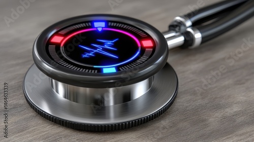 Futuristic Stethoscope with Digital Heartbeat Display on a Wooden Surface