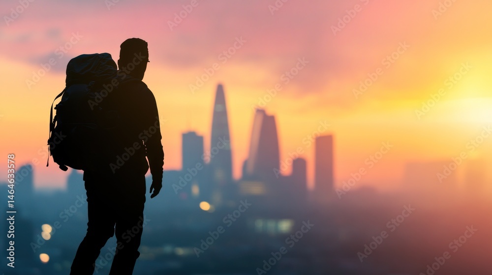 Silhouette of a Traveler at Sunrise Over a City Skyline