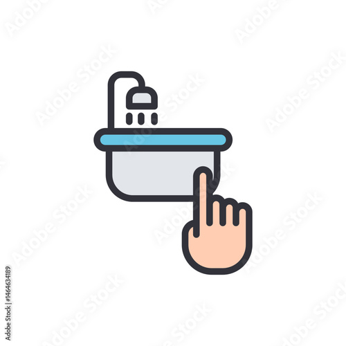Pointer finger activating a bathtub faucet with flowing water isolated