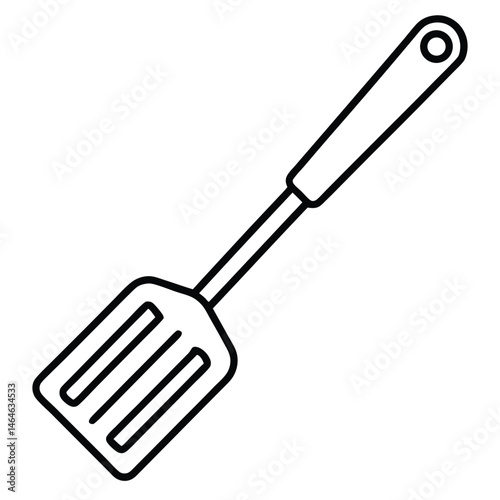 Single slotted spatula has a hole in handle, outlined with bold black