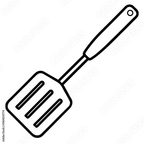 Spatula with three slots for cooking is shown in a clear line drawing