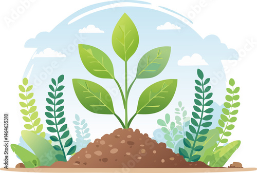 Environment-friendly plant artwork with soft tones and flat shapes. A young green plant sprouts from rich soil, perfect for educational or green energy concepts.