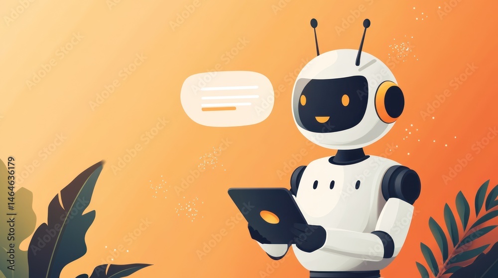 Friendly Robot Assistant Using Tablet, Digital Communication, AI Chatbot, Technology Concept Illustration