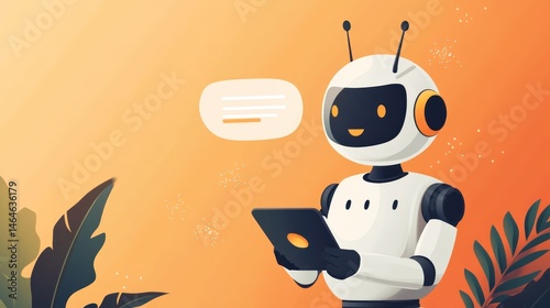 Obraz na płótnie Friendly Robot Assistant Using Tablet, Digital Communication, AI Chatbot, Technology Concept Illustration w salonie