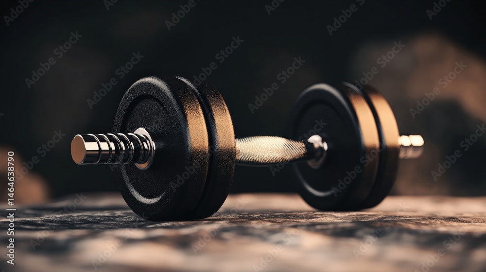 Close-up of a black dumbbell with silver handle and weight plates on a dark textured surface suitable for fitness and gym themed images Close-up of a black dumbbell with silver handle and weight plates on a dark textured surface suitable for fitness and gym themed images