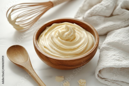  Wooden bowl filled with creamy buttercream frosting on light surface with spoon, whisk, and towel suggests baking preparation and texture.
