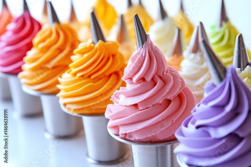  Bright rows of colorful soft-serve ice cream swirls in metal cones capture playful dessert variety, flavor fun, and sweet cravings.