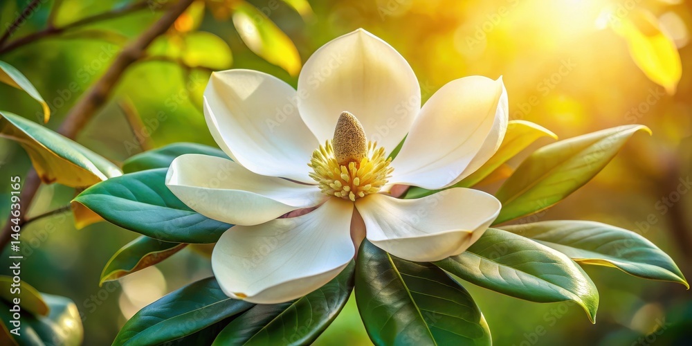 Fototapeta premium A large, white magnolia flower with a prominent center and delicate petals in shades of green and brown, spring, magnolia