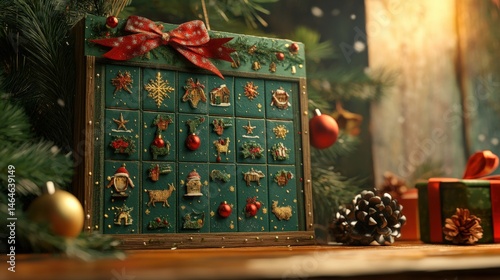 Rustic teal advent calendar adorned with festive decorations.