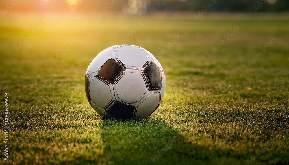 Fototapeta premium close up of a soccer ball resting on a green field with open space surrounding it for text overlay
