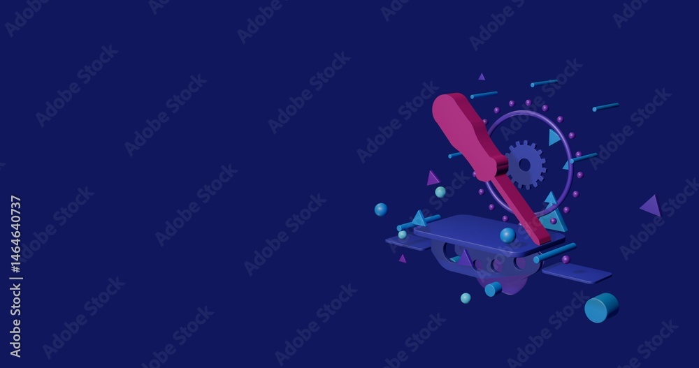 Naklejka premium Pink a screwdriver symbol on a pedestal of abstract geometric shapes floating in the air. Abstract concept art with flying shapes on the right. 3d illustration on indigo background