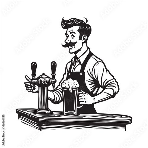 Vintage bartender serving draft beer illustration, Retro pub barman ink drawing.