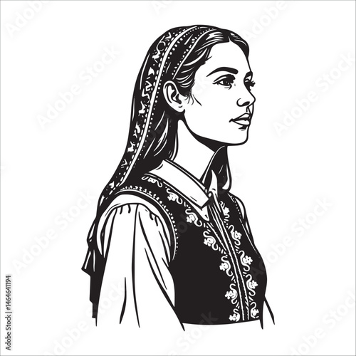 Traditional folk girl portrait with braids, vintage ethnic costume ink illustration.