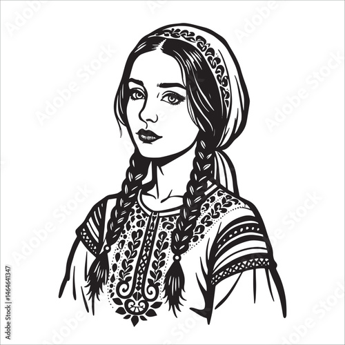 Traditional folk girl portrait with braids, vintage ethnic costume ink illustration.