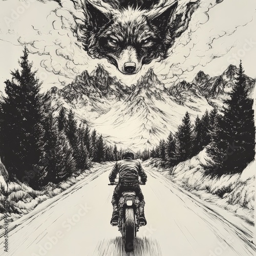 bike, bicycle, road, vector, motorcycle, illustration, sport, biker, cycling, wolf, mountain, tree, sketch, motorbike, ride, silhouette, cycle, race, boy, motor, rider, black, vintage, drawing, riding