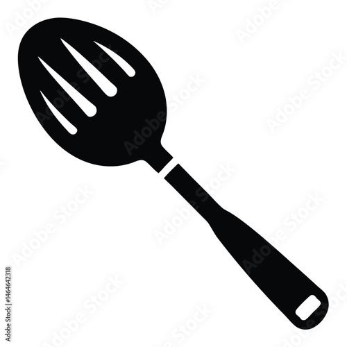 A black slotted spoon stands isolated on white, ready for straining vegetables effectively
