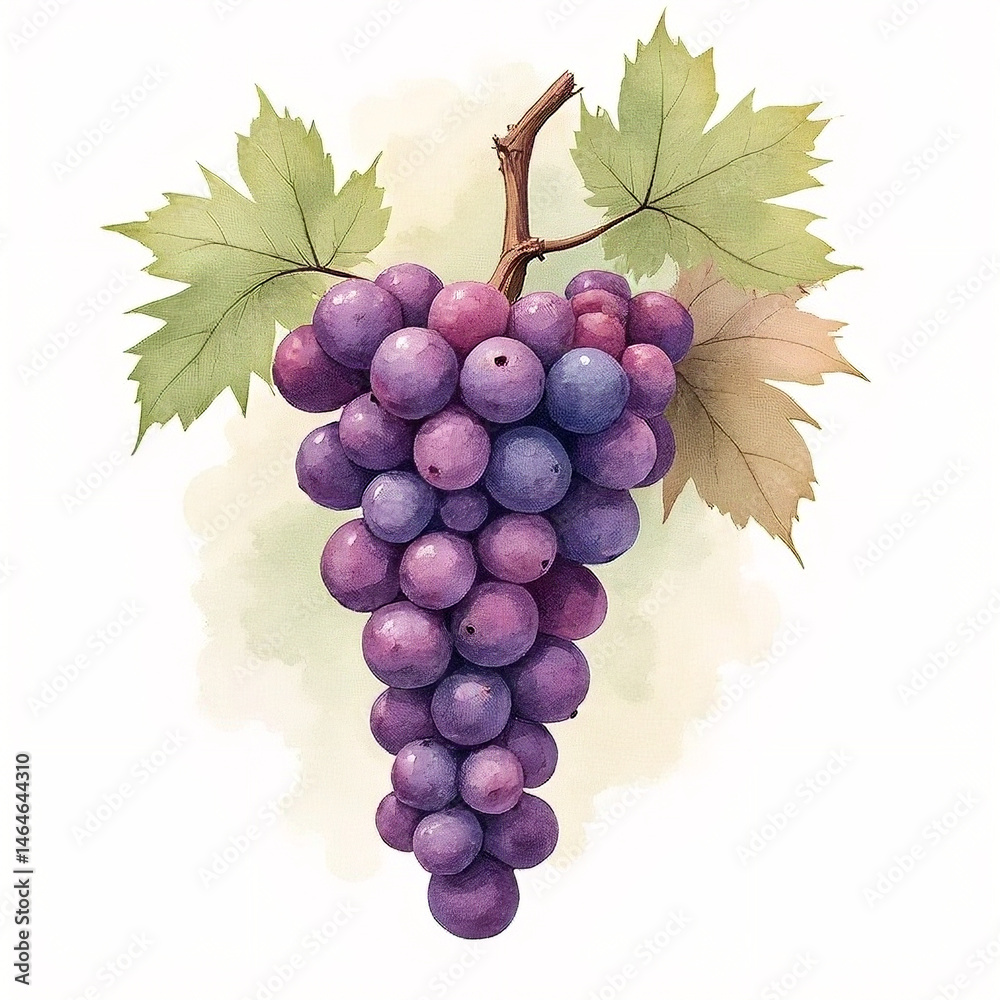 Fototapeta premium A soft watercolor painting of a cluster of grapes on a vine
