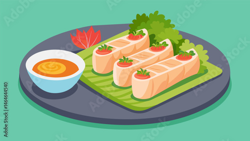 A plate of delicate rice paper rolls filled with fresh vegetables and shrimp served with a side of sweet and tangy peanut dipping sauce.. Vector illustration