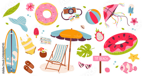 Cute Summer beach stickers. Icons, signs, banners. Fun holiday elements: swimsuits, palm trees, floaties, food, surfboards, ice cream, and vacation accessories. Summer collection