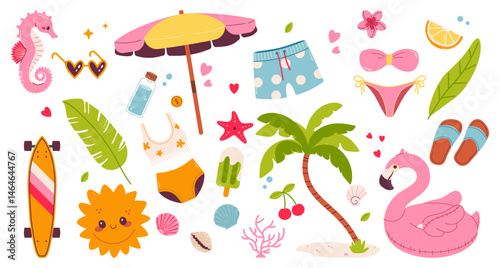 Cute Summer beach stickers. Icons, signs, banners. Fun holiday elements: swimsuits, palm trees, floaties, food, surfboards, ice cream, and vacation accessories. Summer collection