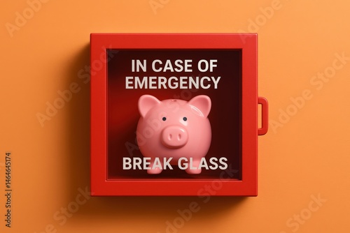 Emergency Savings Conceptual image showing a pink piggy bank inside a red box labeled 