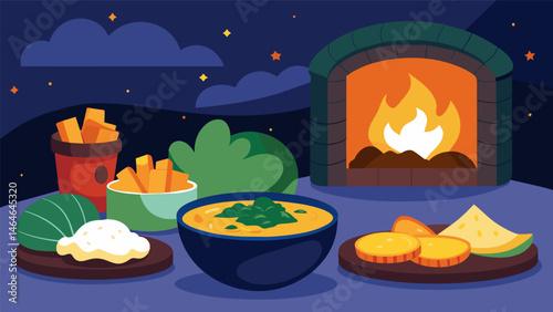 A cozy winter night by the fireplace with warm dips like broccoli and cheddar dip buffalo chicken dip and toasted bread slices perfect for dipping and. Vector illustration